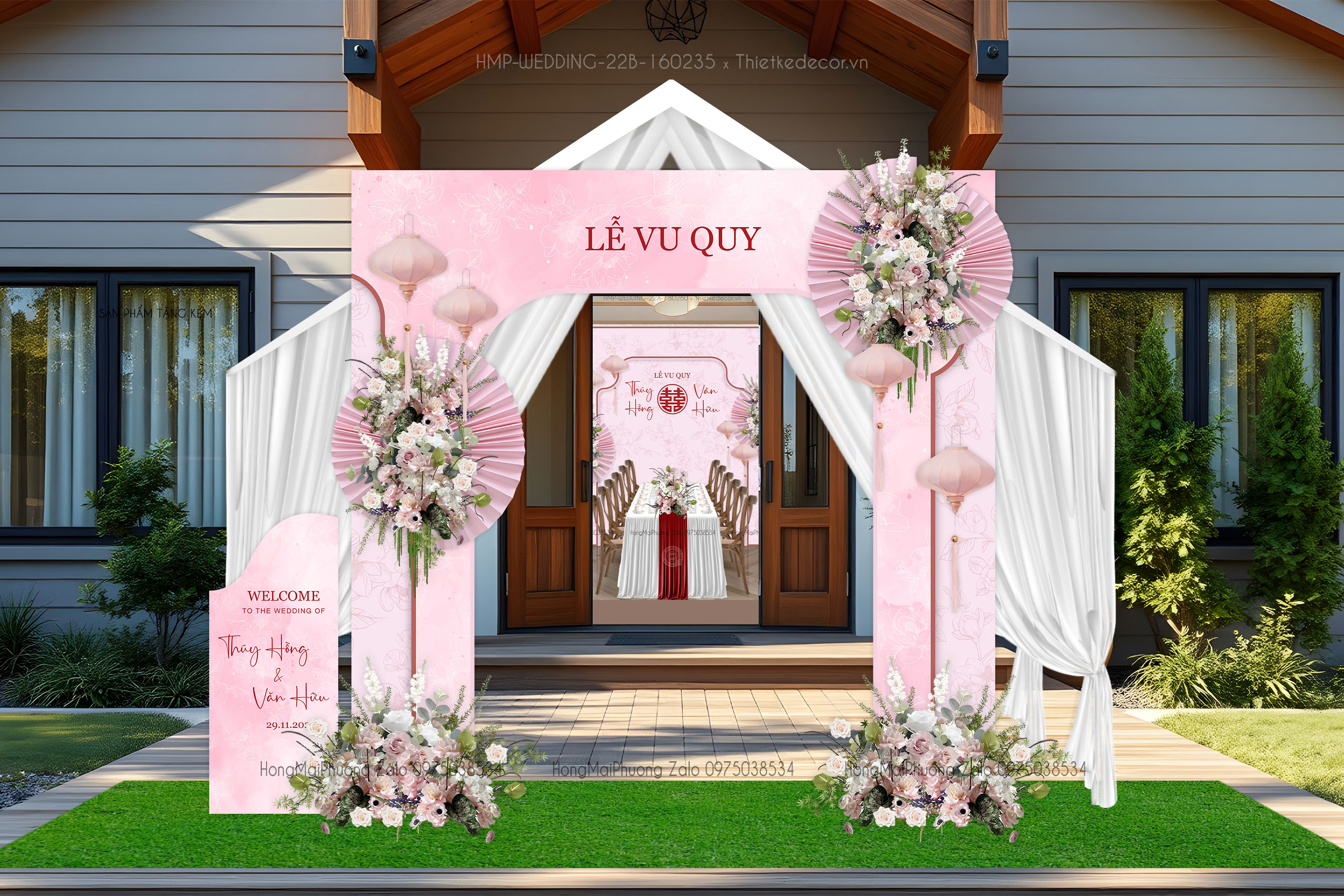 Cổng cưới tone hồng họa tiết hoa nền loang kèm bảng Welcome cách điệu